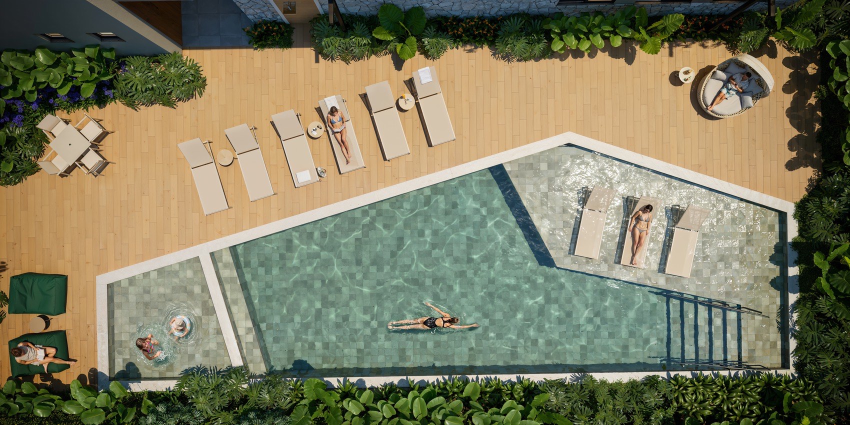 Piscina adulto e infantil vistas de cima, com deck e espreguiçadeiras